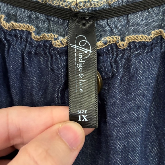 Indigo & Lace Denim Tiered Midi Dress Women’s 1X – Smocked Bodice, Ruffle Straps - Picture 3 of 5